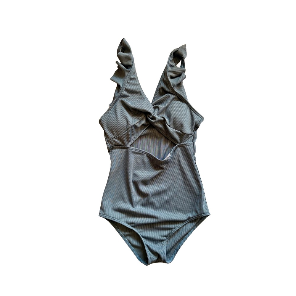 Girls 11-12Y Light Blue Ribbed Flutter Sleeve Twist Cutout One Piece Swimsuit